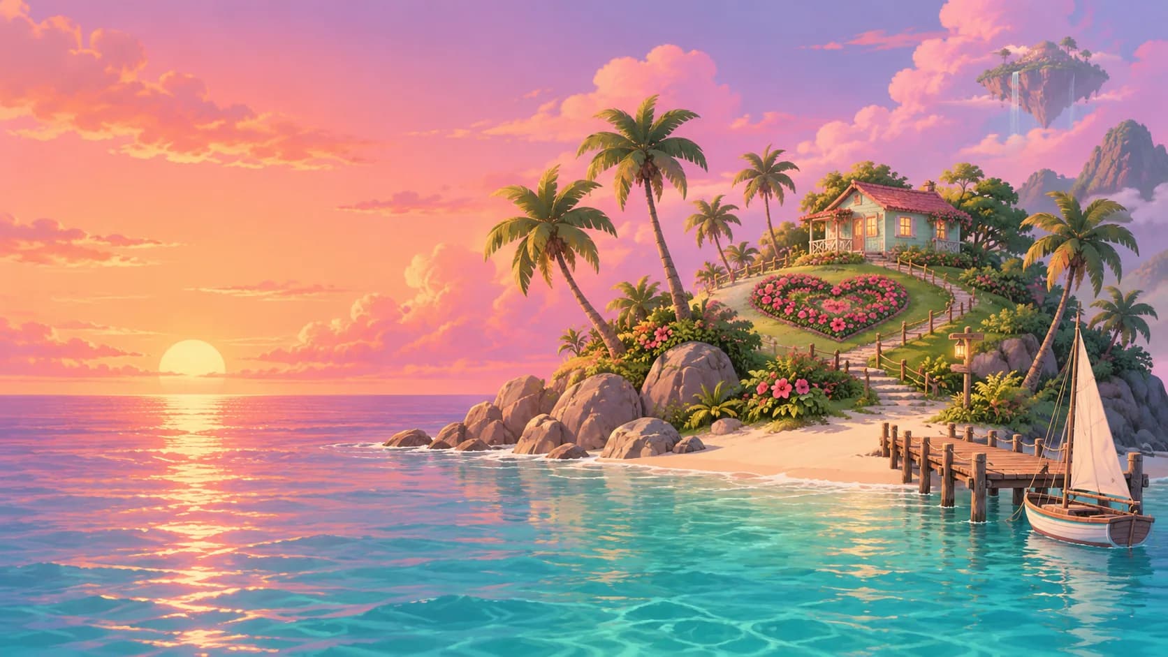 Original illustration of a small tropical island with a heart-shaped flower garden at sunset.